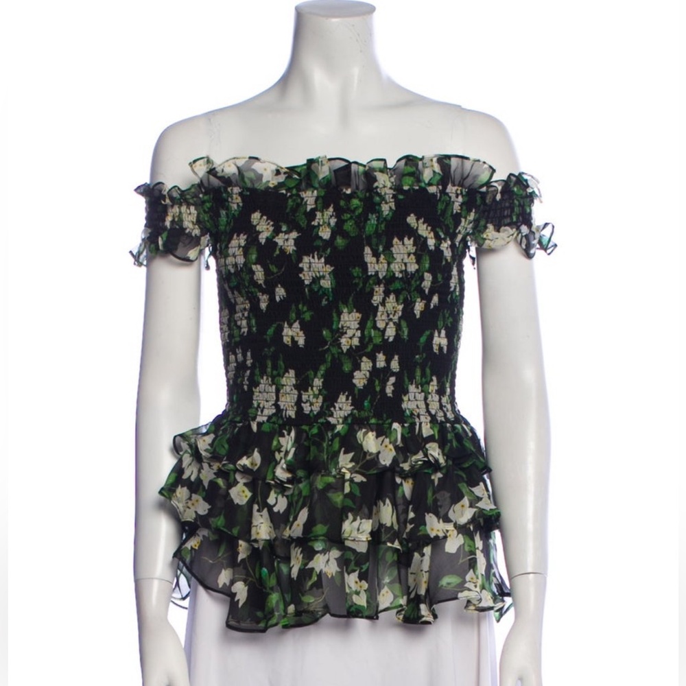 Caroline Constas Black Floral Off-Shoulder Ruffle Peplum Top